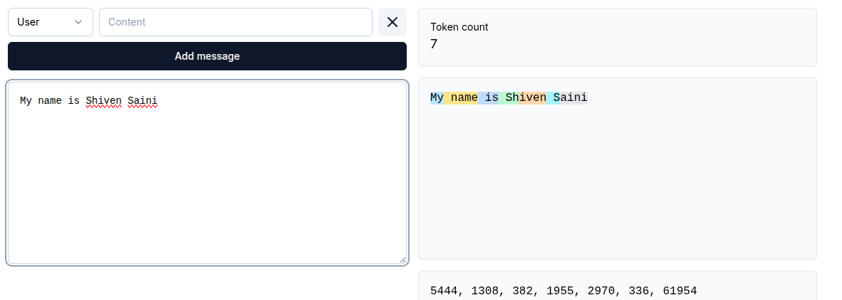 Even if the total word count is 5, it is still split up into 7 tokens.